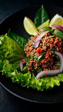 W&uuml;rziger Thai-Hackfleischsalat auf Salatblatt &ndash; Traditionelle thail&auml;ndische K&uuml;che