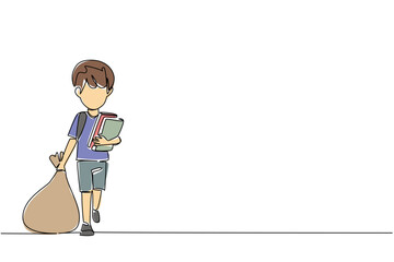 Single line drawing of a boy with schoolbooks dragging a sack, social concept for human rights. World Day Against Child Labor urging education first, safe childhoods, and protection from exploitation