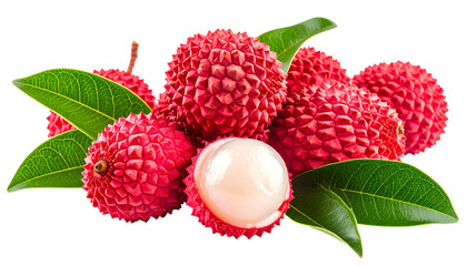 Group of red, textured lychees with green leaves, one cut open to show white flesh