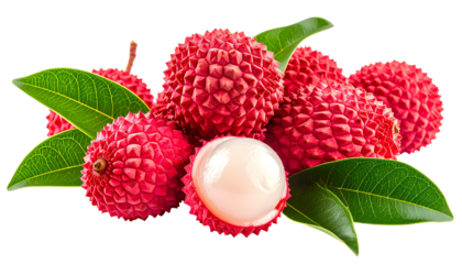 Group of red, textured lychees with green leaves, one cut open to show white flesh