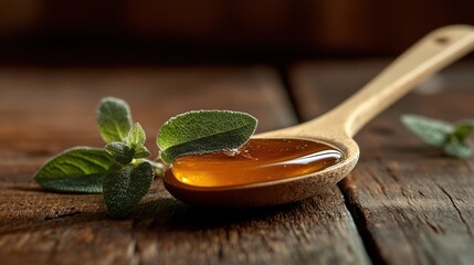 Honey Drizzled on Wooden Spoon with Fresh Herbs
