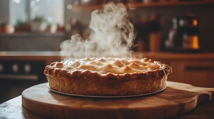 Hot pie steaming on a wooden board in a kitchen