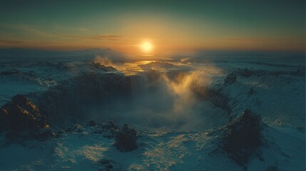 Majestic winter sunset over a glacial waterfall