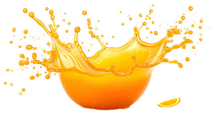 Vibrant splash of orange liquid in a bowl, with droplets and an orange slice