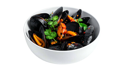 A white bowl filled with cooked mussels, herbs, and spicy sauce