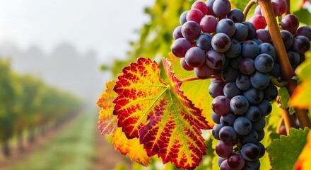 Ripe grapes on vine with autumn leaf in vineyard background