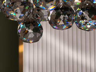 A backdrop of stunning crystal chandeliers casting a warm glow, with reflections shimmering through brushed Czech glass crystals suspended from a vintage fixture, leaving plenty of copy space against 