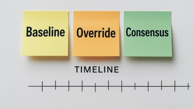 Baseline override consensus timeline planning with sticky note project supply chain logistic coordination strategy concept on minimal white background