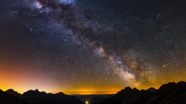 Astronomy Night Sky: The Milky Way Galaxy Arching Over Dark Mountain Peaks at Night, Space and Wilderness Adventure