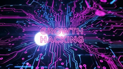 Growth Hacking text is displayed on a circuit board with bright pink and blue traces. Bokeh effects illuminate the text against a dark background.
