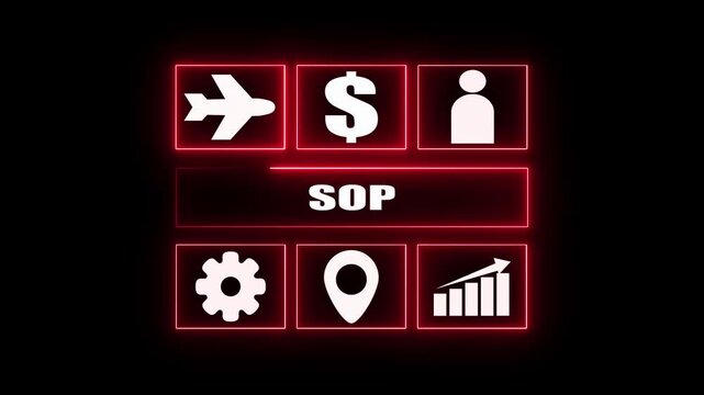 Glowing Red Neon Bordered Icons and SOP Text on Black Background standard operating procedure business