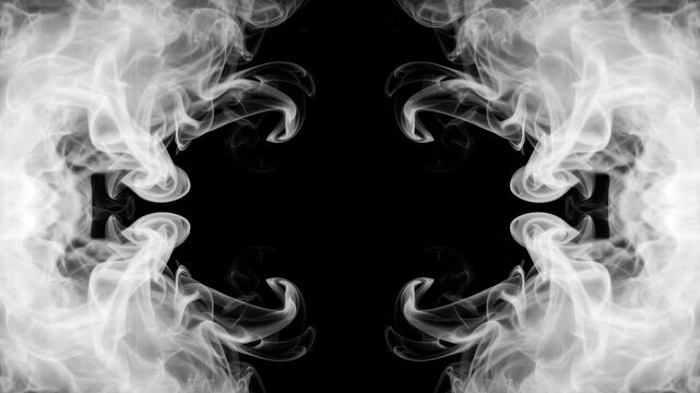 Abstract White Smoke: Dynamic Symmetrical Wisps of White Smoke Forming Patterns Against a Black Background, Conceptual Overlay