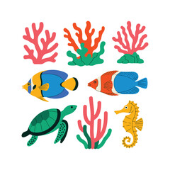 Naklejka premium Colorful cartoon sea creatures and coral reef elements turtle seahorse.