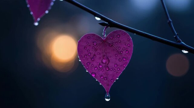 Mystical Heart Leaf: Magenta Plant Leaf Covered in Raindrops Dripping in a Heart Shape Against a Dark Bokeh Background, Romance and Nature