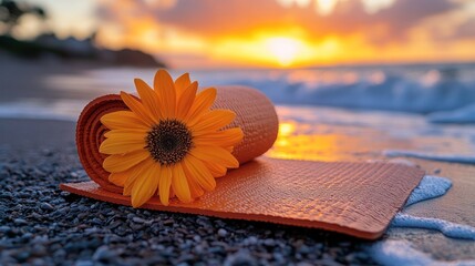 Orange yoga mat on beach at sunrise with flower