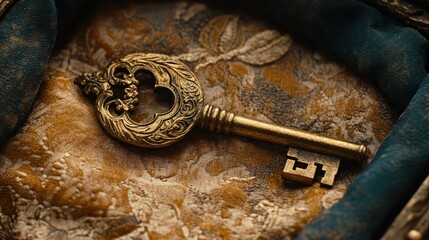 Ornate antique key resting on textured fabric