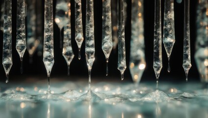 Close up of melting icicles dripping water in winter.