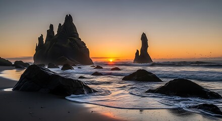 Sunset over the rocky coastline, with dramatic rock formations and ocean waves.