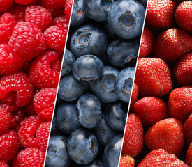Collage of different fresh berries. Strawberries, blueberries and raspberries