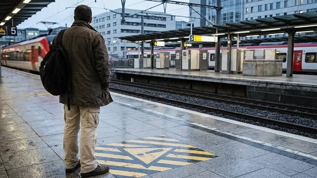 Man with backpack stands on wet urban train station platform, watching a passing commuter train, travel and transit scene