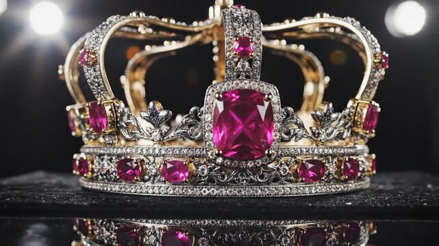 Royal Jewel: A magnificent crown glistens under the spotlight, adorned with vibrant ruby gemstones and intricate gold detailing, symbolizing royalty and prestige.