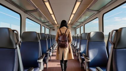 Female passenger in coat carrying backpack walking inside spacious train carriage with blue seats and panoramic windows.