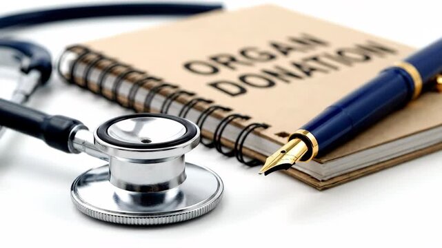 Organ donation concept featuring a stethoscope, blue pen and spiral notebook on a white surface under bright studio lighting. 