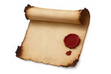 Old parchment scroll with a red wax seal, providing empty space for text, isolated on a transparent background