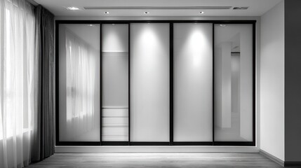 Minimalist bedroom closet featuring frosted glass sliding doors in black and white