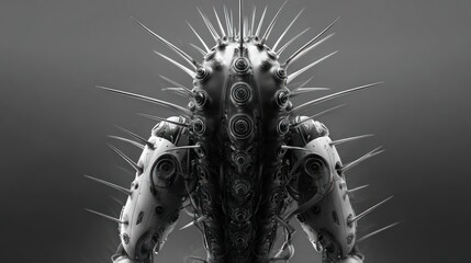 Spiky, metallic figure with cylindrical designs, reminiscent of a futuristic robot