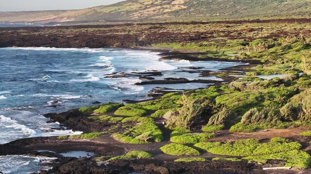 Panoramic view of Hawaii coastline near Punaluʻu Beach black sand landscape with ocean waves and volcanic coastlines on the Big Island in Hawaii County, Hawaii during morning sunrise - 4K Drone 