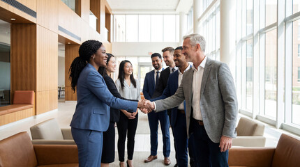 Diverse business people shaking hands in a professional setting