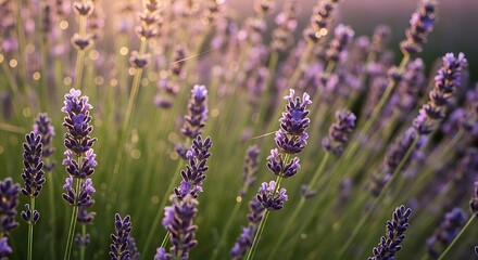 Obraz premium Vibrant Lavender Field Bathed in Golden Sunlight at Sunset.