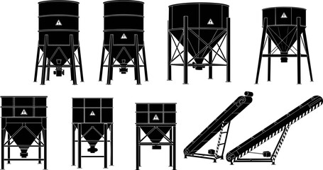 Black silhouette vector set of industrial storage silos and long conveyor belts, depicting manufacturing, agriculture, production, storage, logistics, material handling,  © Goutom