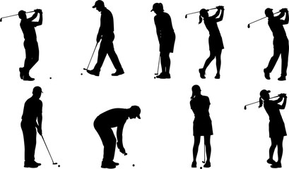 Black silhouette vector set of male and female golf players in various action poses, depicting golf swing, putting, competition, athletic lifestyle,