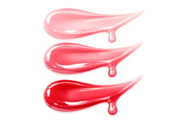 Pink and red lip gloss swatches in various shades with dripping liquid texture on transparent background
