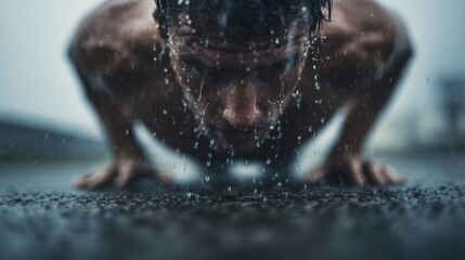 Muscular man doing pushups outside in rain. Focus is on droplets of water