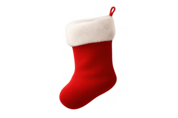 Christmas stocking with white fur cuff hanging for gifts, celebrating winter holidays and festive decorations