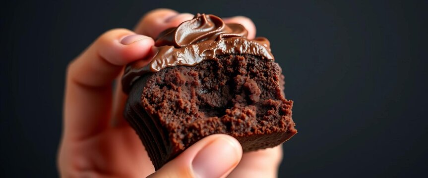 Close-up of a hand delicately biting into a rich chocolate cupcake, close-up, hand
