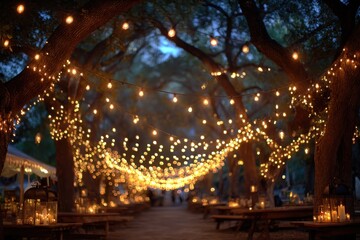 Enchanting Outdoor Evening Scene with Glowing String Lights