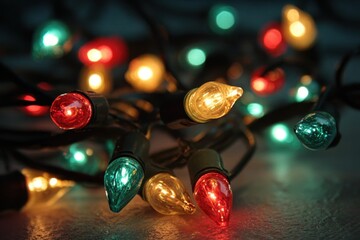 Colorful Christmas Lights in Artistic Arrangement on Dark Surface