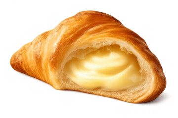 Crispy golden brown croissant pastry offering a rich, smooth custard filling, a delightful sweet breakfast or snack