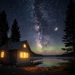Magical Night Sky with Milky Way Over a Lakeside Cabin.