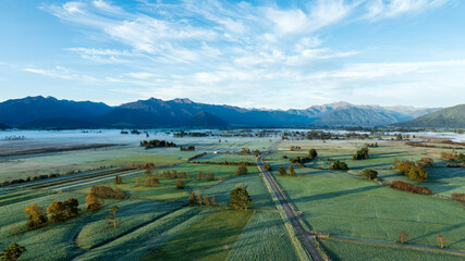 Early morning mist and frost on the agricultural farmland of Hokitika © Stewart