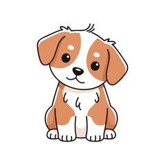 Adorable cartoon puppy, brown and white with big eyes, sitting, looking forward