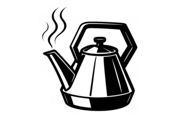 Hot tea kettle, steam rising, boiling water for drinks. Retro style kitchenware cooking object illustration. Transparent background