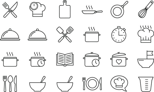 Comprehensive collection of linear kitchen icons including pots pans utensils chef hats and timers for culinary and recipe design