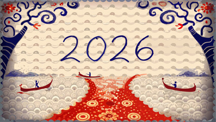 Vibrant 2026 New Year celebration with traditional boats on red pathway