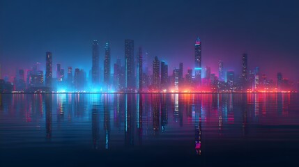 Fototapeta premium Futuristic Cityscape at Night with Reflections on Water.