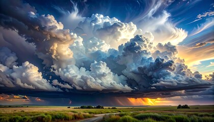 Vivid sky showcases colossal cumulonimbus. Brilliant colors paint expansive fluffy clouds with sun rays on a field